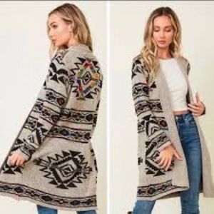 Northern Angel Tribal Aztec Print Open Front Long Cardigan - Size Small